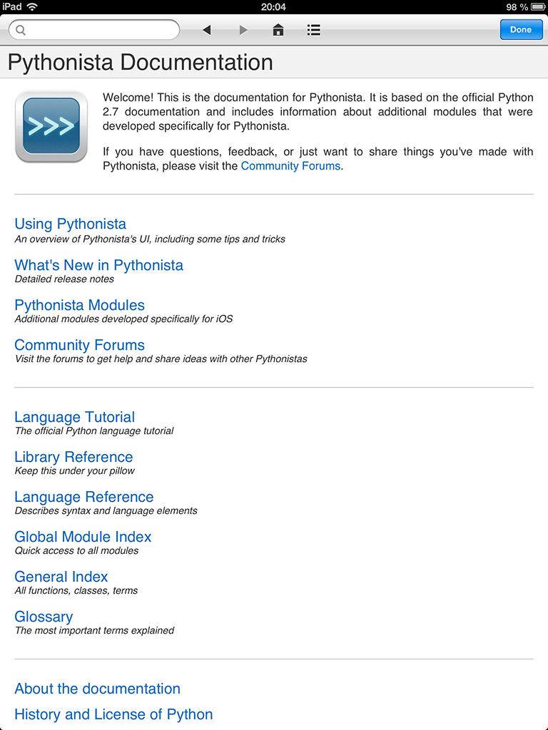 Pythonista iOS app documention screenshot