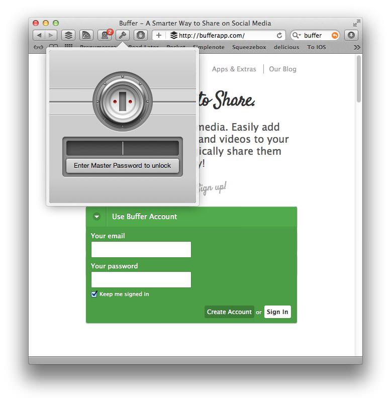 1Password password entry window The browser extension popped open over a sign-in page, asking for the master password before it will fill anything