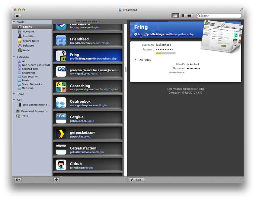 1Password main window The 1Password main window: a vault of 292 logins in the middle column, with the selected entry’s username and hidden password on the right