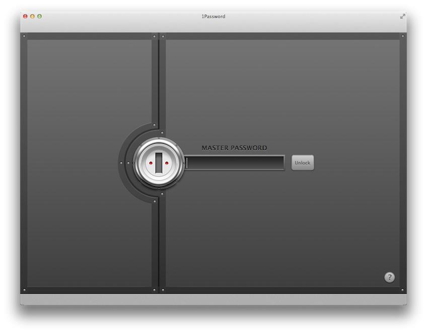 1Password prompt 1Password’s lock screen, drawn as a safe door with a combination dial and a single Master Password field