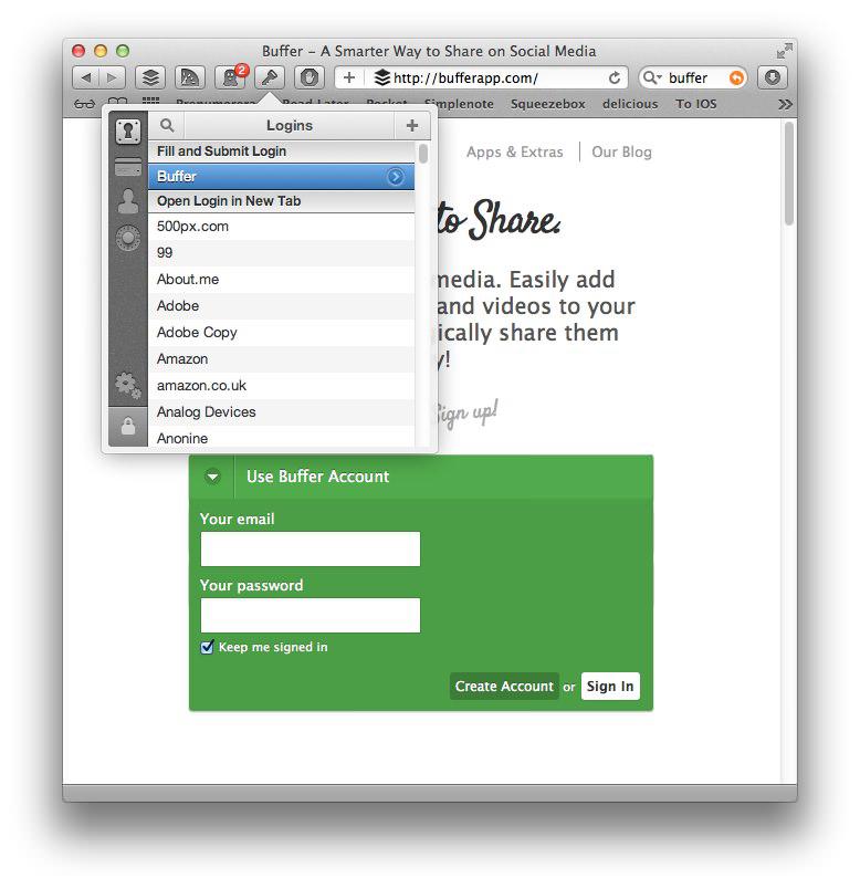 1Password select login account window The extension’s login list open on a sign-in page, with the matching Buffer entry highlighted at the top