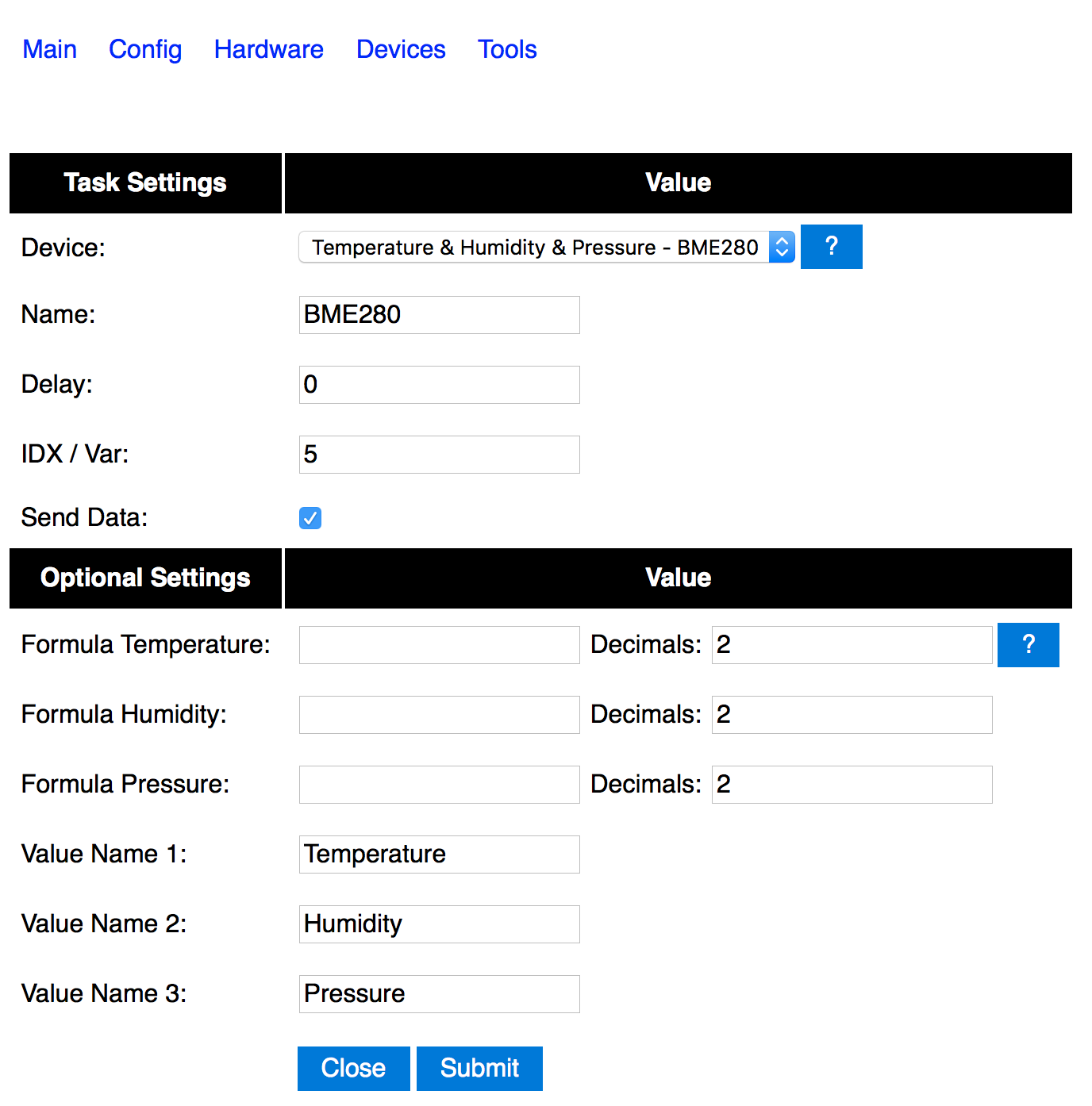 The ESP Easy task settings page for the BME280, with Send Data ticked and the temperature, humidity and pressure value names filled in