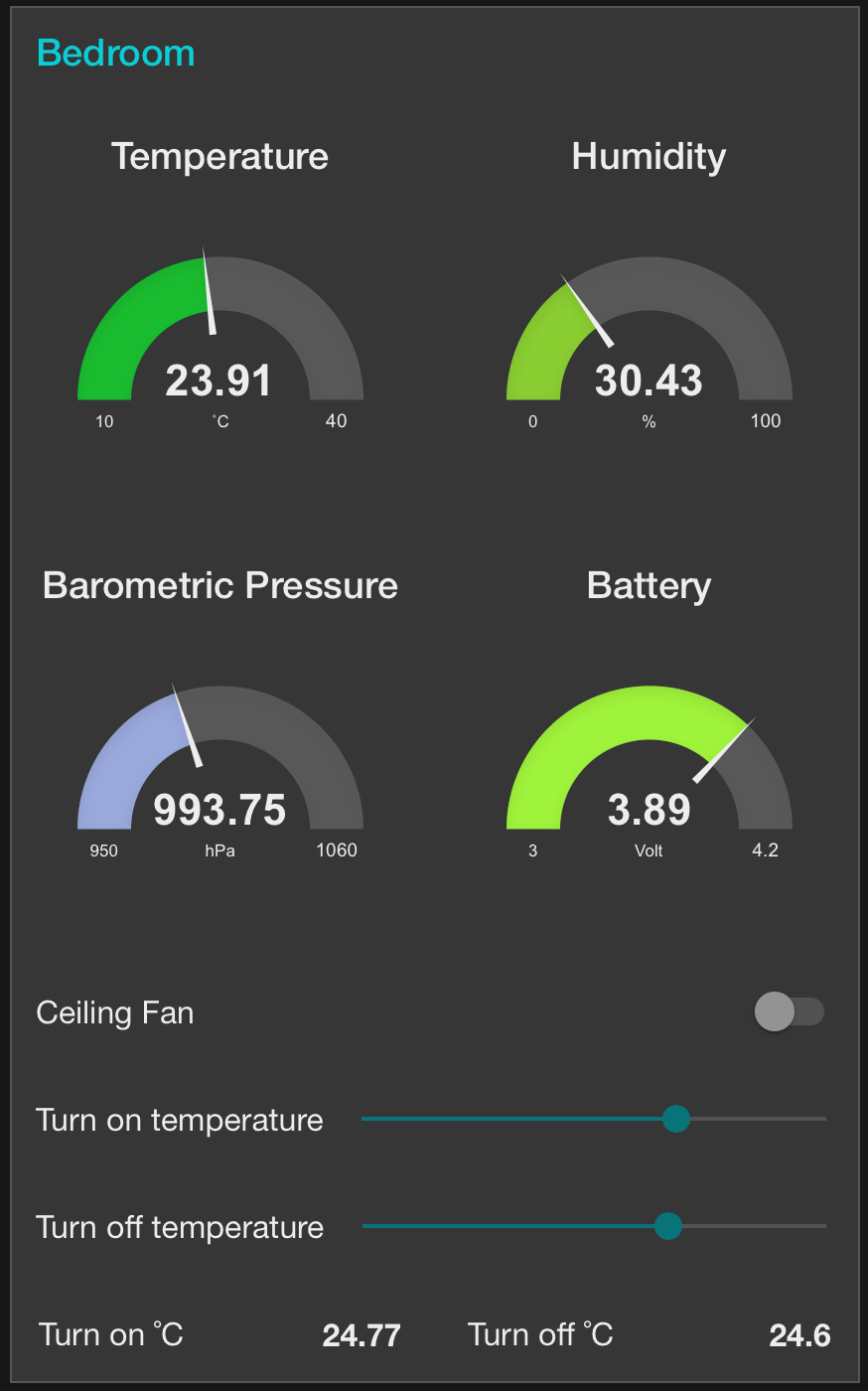A Node-RED dashboard for the bedroom showing gauges for temperature, humidity, barometric pressure and battery, above a ceiling fan toggle and its on and off temperature sliders