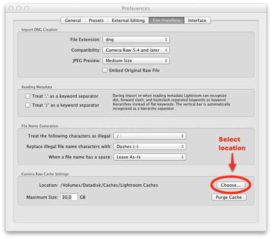Lightroom Cache setting dialog