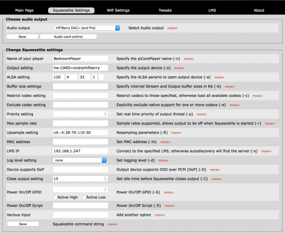 PiCorePlayer Settings Screen